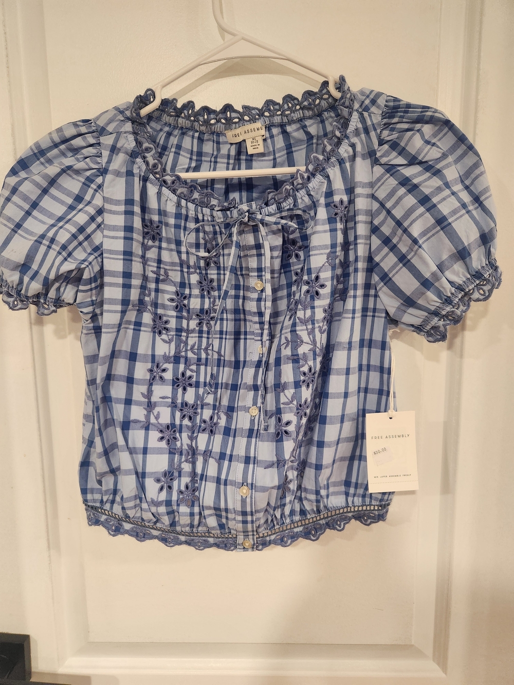 Blue Plaid Embroidered Peasant Top